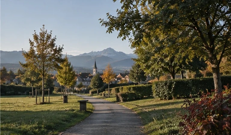 Illustration d’un espace vert communal, avec arbres et cheminements.