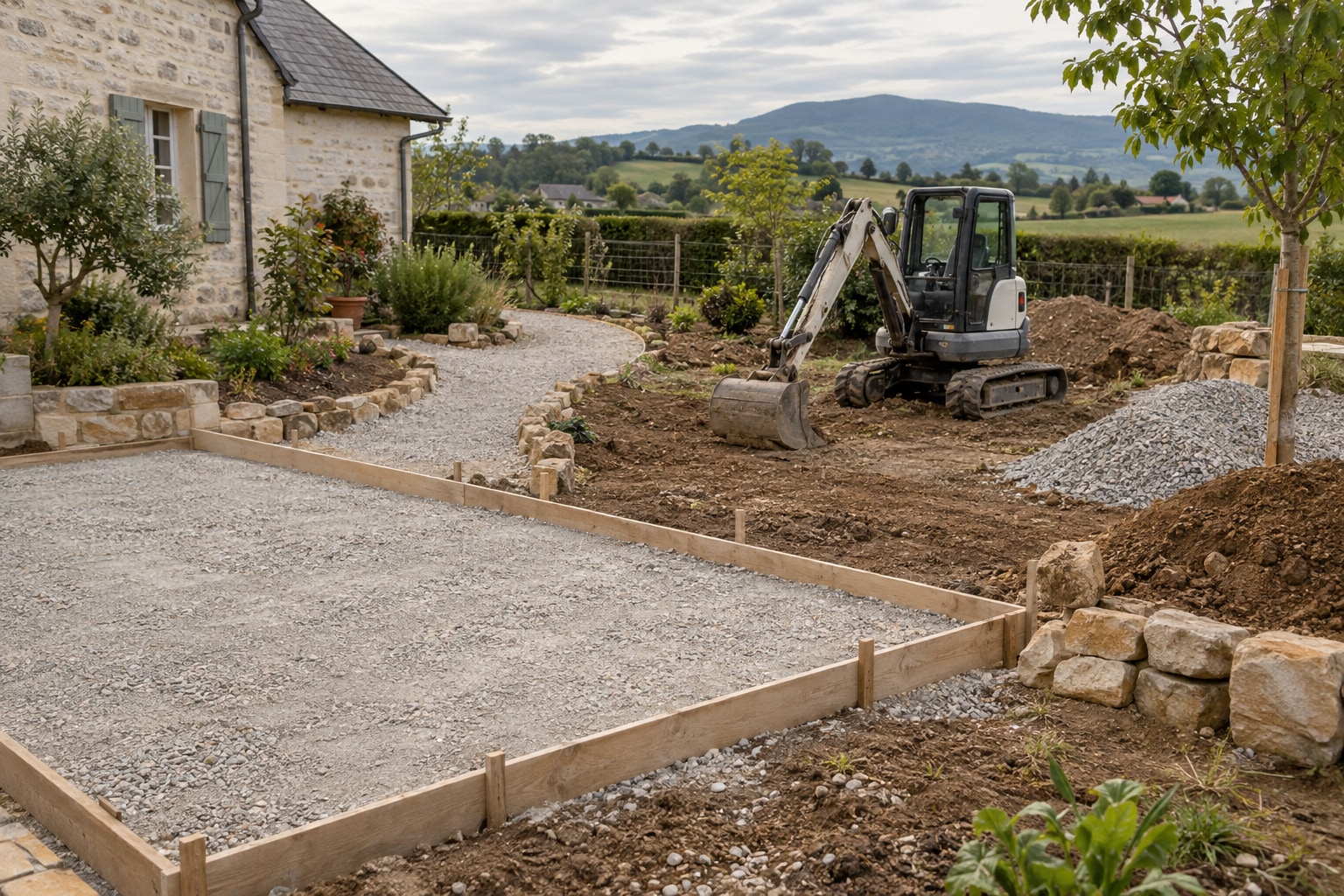 Image générée : aménagement extérieur en cours, mini-pelle, terrasse en préparation et bordures en pierre.