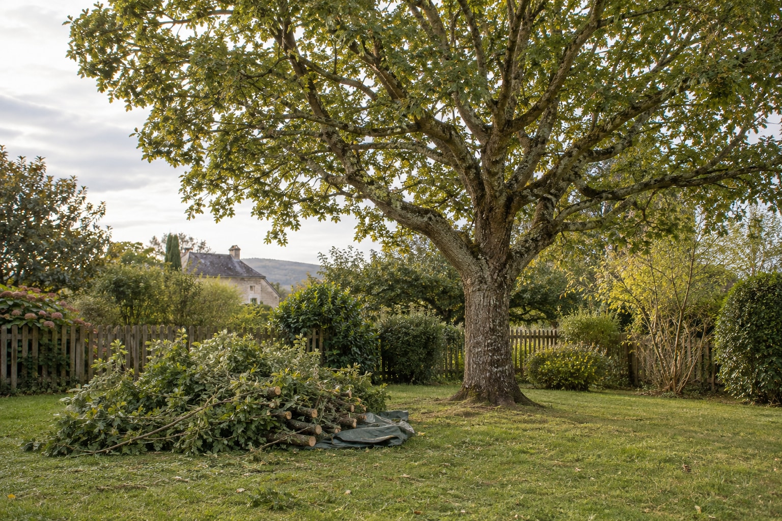 Image générée : chêne dans un jardin de campagne, branches taillées regroupées au sol.